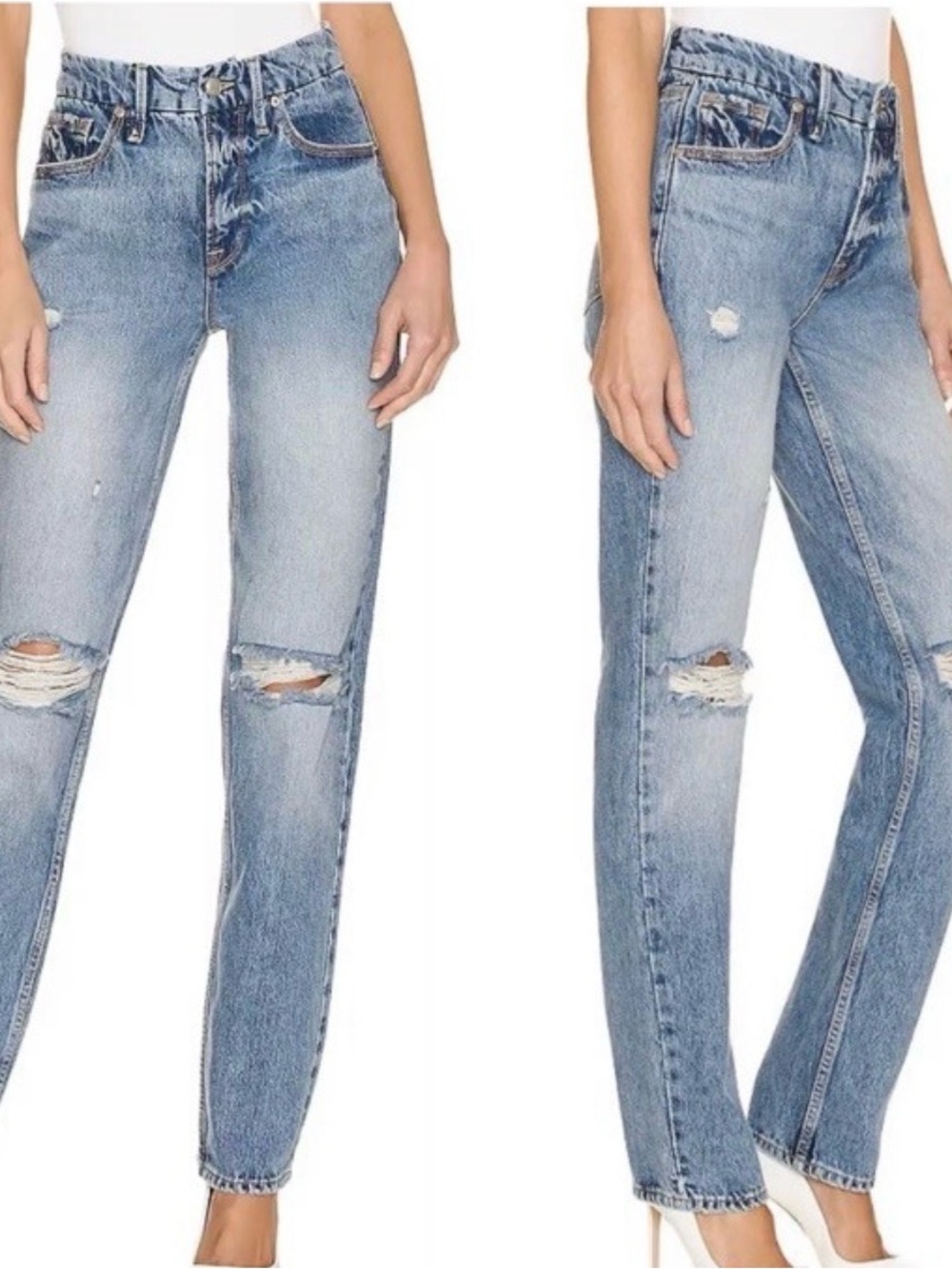 Good American “Good Icon” Distressed Medium Blue Boyfriend Jeans